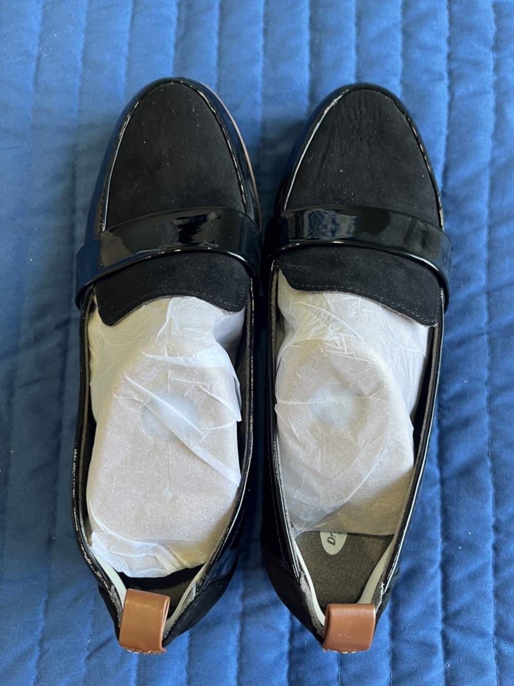 Dr. Scholl's Black Patent & Suede Loafers with Tan Heel Tabs